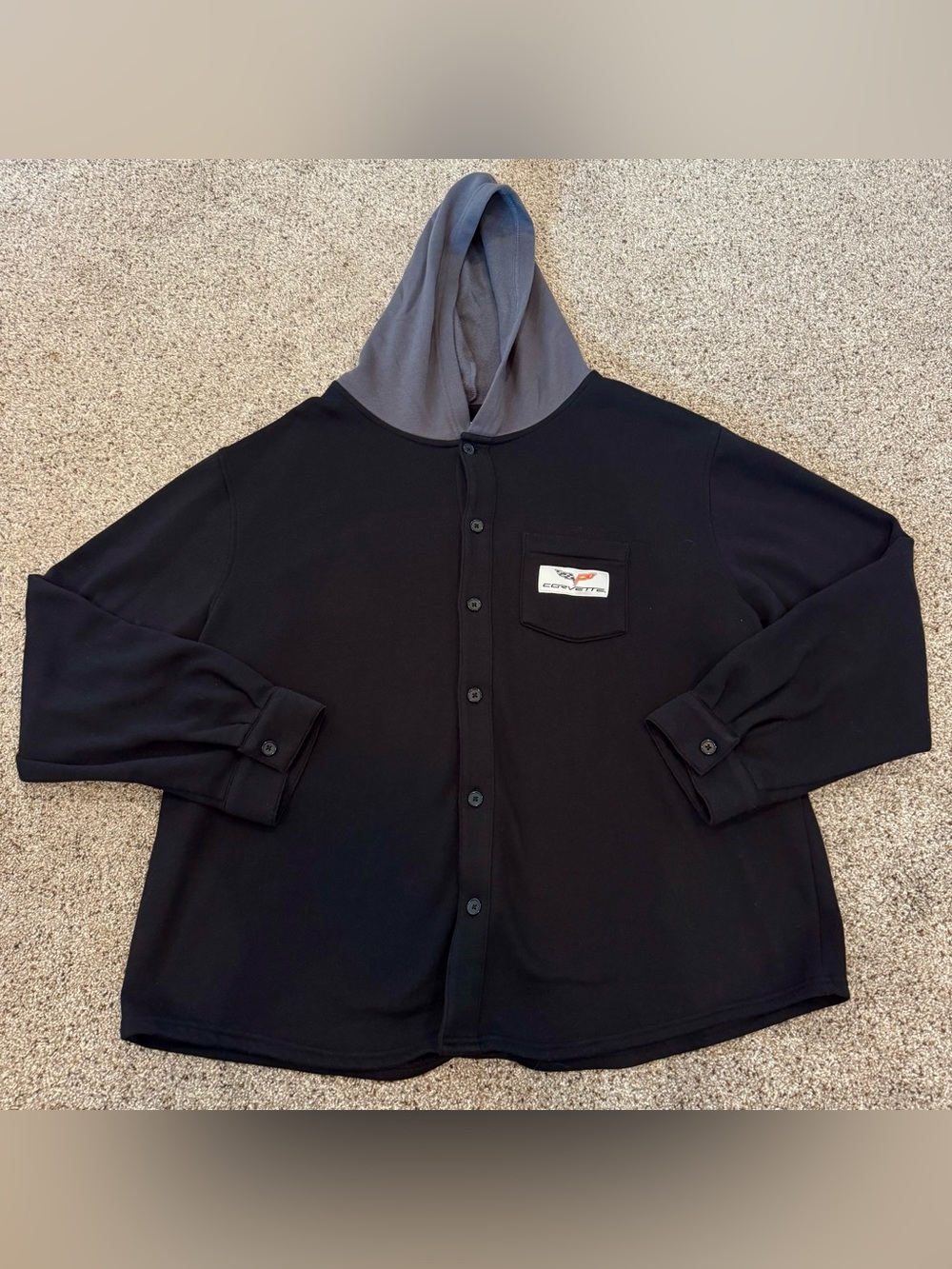Corvette Black Button-Up Hoodie with Gray Hood